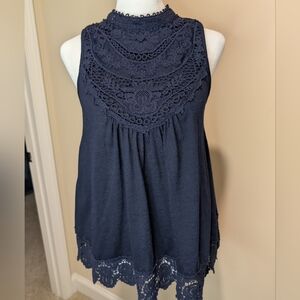 Xhilaration  Navy Blue Sleeveless Tunic  Blouse with Intricate Lace Detailing